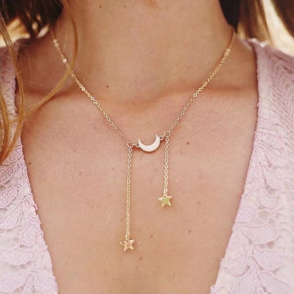 New Gold Crescent Moon & Dangly Stars Necklace 🌟